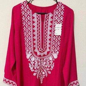 Women's Embroidered Kurta Long Shirt And Pant Set Hot Pink/White Color Size XXL